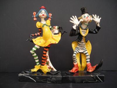 Italian Clown Figurines on Genuine Carrara Marble Base &ndash; Handpainted, Made in Italy, 8-9&rdquo; Tall