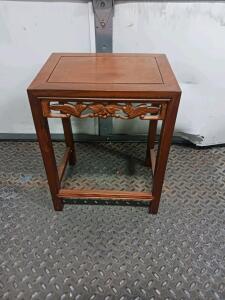 Vintage Wooden End Table with Carved Floral Apron, Medium Brown, Solid Wood, 22" H x 18" L