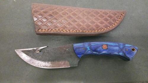 Fixed-Blade Hunting Knife with Gut Hook, 4" Blade, 9" Overall, Tooled Leather Sheath