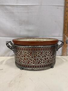 Vintage Ceramic Casserole Dish with Ornate Metal Holder, Approx. 2 Qt Capacity