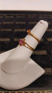 Pair of Yellow Gold tone Gemstone Rings, Round Pink and Orange Stones, Decorative Settings
