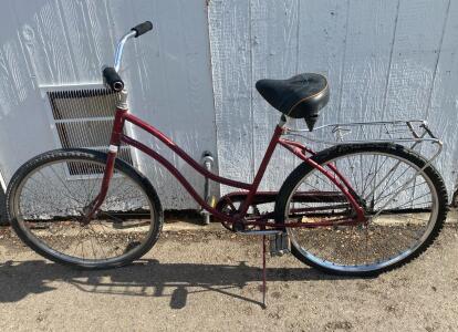 Step-Through Single-Speed Cruiser Bicycle, Maroon, 26" Wheels, Rear Rack, Coaster Brake