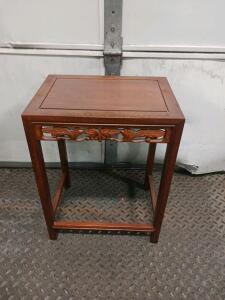 Carved Wooden Accent Table, Asian-Inspired, Floral Apron Detail, 22" H x 18" W Approx.