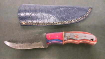 Custom Laminated Wood Handle Fixed Blade Knife with 4" Drop Point & Leather Sheath