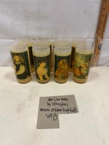 Vue-Lon Ware Lithoglass Highball Glasses Set of 8 &ndash; Renoir Children Art, 5.75" 12oz USA Vintage Sp-4
