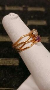 14K Gold Double Stone Open Band Ring with Diamond and Ruby, Triple Split Shank Design