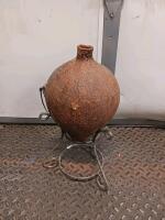 Antique Iron Water Canteen Jug with Handle and Metal Stand, Early 20th Century, 1.5 Gallon