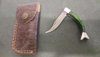 Damascus Folding Pocket Knife, Green Wood Handle, 3.75" Blade, Fish Tail, Leather Sheath