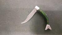 Damascus Folding Pocket Knife, Green Wood Handle, 3.75" Blade, Fish Tail, Leather Sheath - 2
