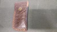Damascus Folding Pocket Knife, Green Wood Handle, 3.75" Blade, Fish Tail, Leather Sheath - 3