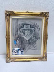 Framed 1986 Charcoal Portrait Drawing by T. Miller, Ornate Gold Frame, Signed, Street Artist Scene Sp-18