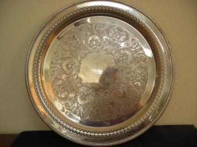 Wm. Rogers & Son Silver-Plated Serving Tray with Ornate Floral Engraving and Openwork Border