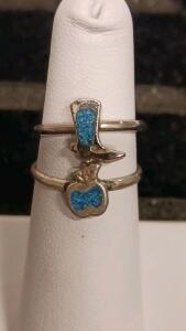 Set of 2 Gold-Tone Rings &ndash; Cowboy Boot & Apple Blue Enamel Motif, Stackable Fashion Jewelry