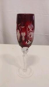 Bohemian Ruby Red Cut-to-Clear Crystal Wine Glass with Floral and Grapevine Motifs
