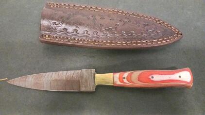 Custom Fixed Blade Knife, Pattern-Welded Steel, Red Layered Handle, Leather Sheath, Brass Guard