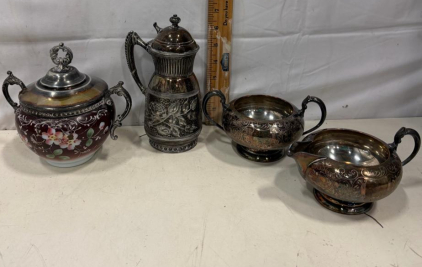 Antique Silver Plate & Enamel Tea Set, 4 Pieces, Floral Engraving & Painted Covered Bowl, c. 1890&ndash;1920