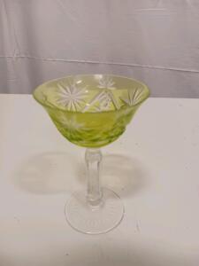 Green Cut-to-Clear Crystal Sherbet Goblet, 5.5" Starburst Pattern, Faceted Stem