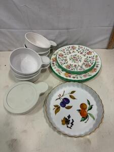 CorningWare 150-B Soup Bowls & Assorted Vintage Plates - Fruit & Floral Patterns, 8 Piece Set