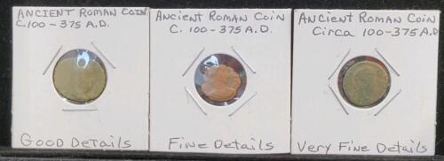 (3) Ancient Roman Empire Coins circa 100-375A.D
