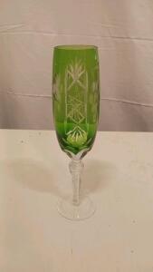 Green Cut-to-Clear Crystal Champagne Flute, Hand-Cut Starburst Pattern, 8.25" Tall, Bohemian Style