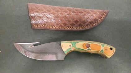 Fixed-Blade Hunting Knife with Gut Hook, Colorful Custom Handle, 4" Blade, Leather Sheath