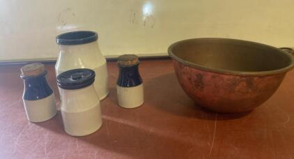 Jenny England Ceramic Kitchen Jar Set w/Lids & Antique Large Copper Mixing Bowl 12'' Diameter ( R5 )