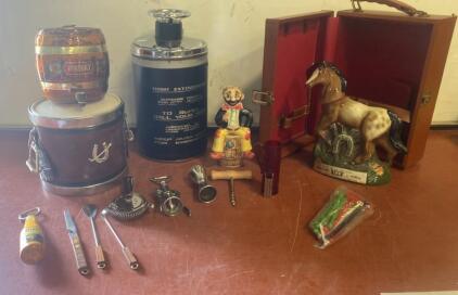 Vintage Barware Set &ndash; Decanters, Ice Bucket, Horse & Clown Figurines, Tools, Corona Opener, Case ( R4 )
