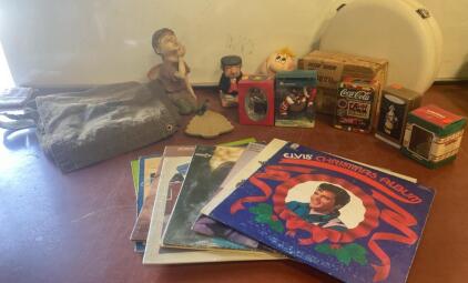 Vintage Elvis Christmas LP, Filter Queen De-MOTHer, Coca-Cola Tin, BKE Bag, Ornaments Lot ( R4 )