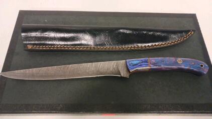 Custom Damascus-Pattern Fillet Knife, Blue/Purple Resin Handle, Black Leather Sheath, 12.5&rdquo; OAL