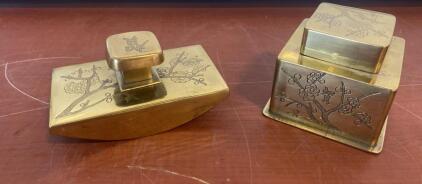 Japanese Brass Ink Blotter & Inkwell Set, Engraved Plum Blossom Motif, Early 20th Century ( R12 )