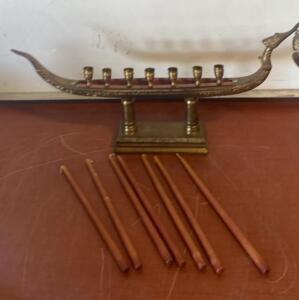 Vintage Brass Boat-Shaped Menorah, 9 Candle Holders, Dragon Prow, Bell, Thailand Judaica ( SP1 )