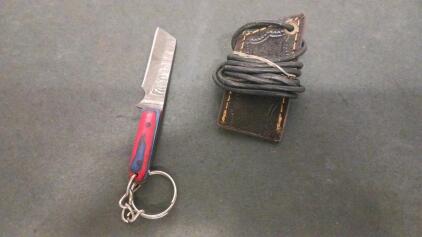 Miniature Damascus Steel Keychain Knife with Laminated Wood Handle and Leather Sheath