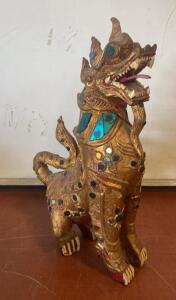 Burmese Gilded Chinthe Statue with Colorful Inlays, 20th Century, 20" Tall ( SP1 )