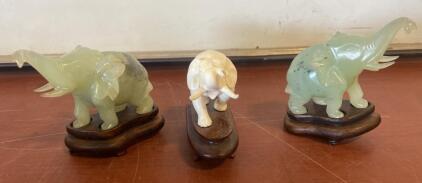 Set of Three Carved Elephant Figurines &ndash; Ivory and Jade with Wooden Bases ( R12 )