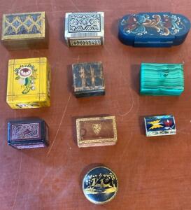 Lot of 10 Vintage Trinket Boxes &ndash; Malachite, Enamel, Handpainted, Inlaid, Folk Art ( R12 )
