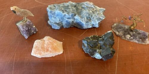 Assorted Mineral Specimen Lot &ndash; Blue Calcite, Amethyst Clusters, Pyrite, Carved Gemstone Bird ( R12 )