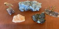Assorted Mineral Specimen Lot &ndash; Blue Calcite, Amethyst Clusters, Pyrite, Carved Gemstone Bird ( R12 )
