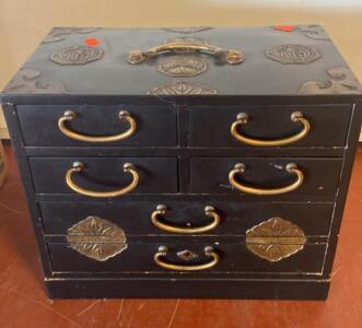 Asian Black Lacquered Jewelry Box with Brass Hardware, 6 Drawers, Red Silk Lining, Vintage Style ( SP7 )