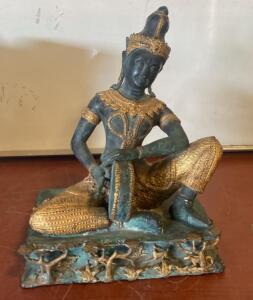 Bronze Southeast Asian Musician Statue with Drum, 12" Tall, Ornate Headdress, Decorative Base ( SP7)
