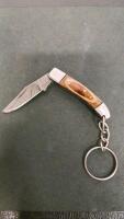 Damascus Pattern Folding Pocket Knife Keychain, Wood Handle, Clip Point Blade, Brass Pins