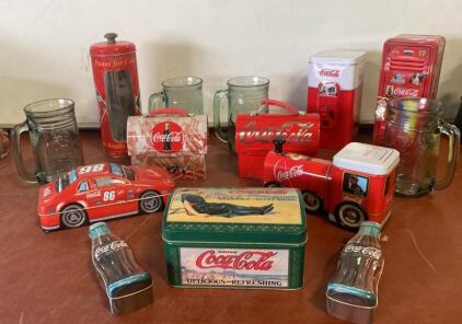 Vintage Coca-Cola Collectible Tins and Green Glass Mugs &ndash; Assorted Designs