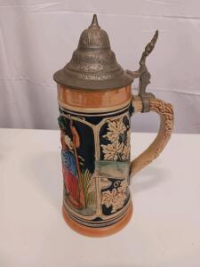 German Beer Stein 2027, Relief Scene, Pewter Lid, Foreign Export, 8-9in Ceramic, Vintage