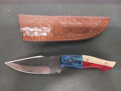 Texas Flag Fixed Blade Knife, Drop Point, 4.5" Blade, Custom Handle, Leather Sheath