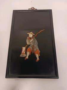 Asian Lacquered Wall Plaque, Raised Carved Figure, 12.5" x 8.75", Black Panel Sp-14