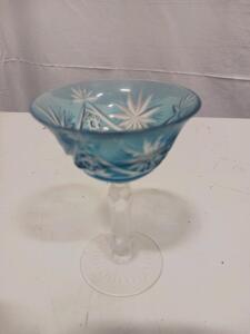 Cobalt Blue Cut-to-Clear Crystal Wine Goblet, 6.5" Tall, Bohemian Style