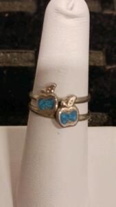 Sterling Silver Twin Apple Blue Enamel Cocktail Ring, Size 7, Modern Design