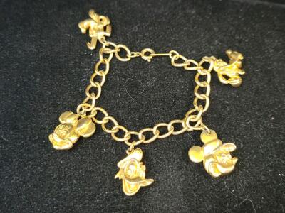 Vintage Disney Gold-Tone Charm Bracelet with Mickey, Minnie, Donald, Goofy, and Pluto