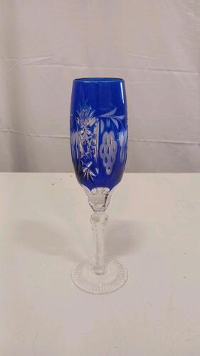 Bohemian Cobalt Blue Cut-to-Clear Crystal Champagne Flute, 8.75" Tall, 6 oz Capacity