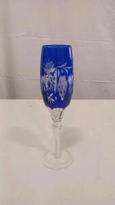 Bohemian Cobalt Blue Cut-to-Clear Crystal Champagne Flute, 8.75" Tall, 6 oz Capacity