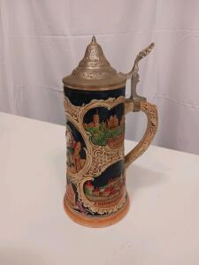 Vintage German Beer Stein 0.5L, Pewter Lid, Relief Tavern & City Scenes, Marked 2893